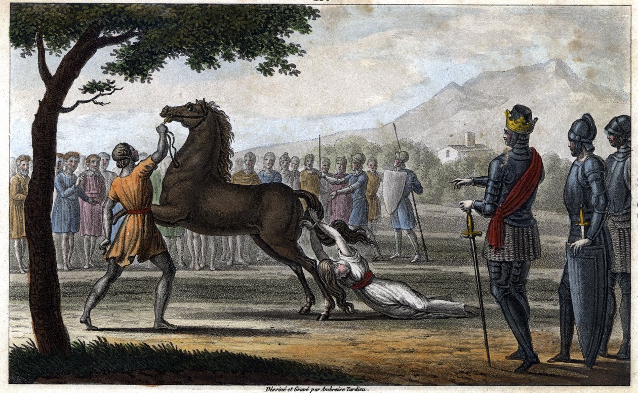 Dronning Brunhilda af Austrasiens død, en vestgotisk prinsesse, gift med kong Sigebert I af Austrasia - Brunehauts (eller Brunehildes død) bestilt af Clotaire (Clothaire) II (613). Tegninger og grav af Ambrose Tardieu i af Ambroise Tardieu