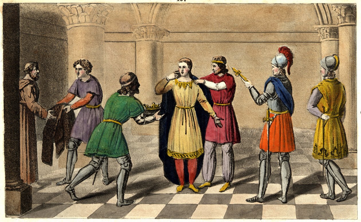 Thierry III bliver taget fra klosteret Saint Denis for at stige til tronen. Designet og indgraveret af Ambroise Tardieu i 1825. af Ambroise Tardieu