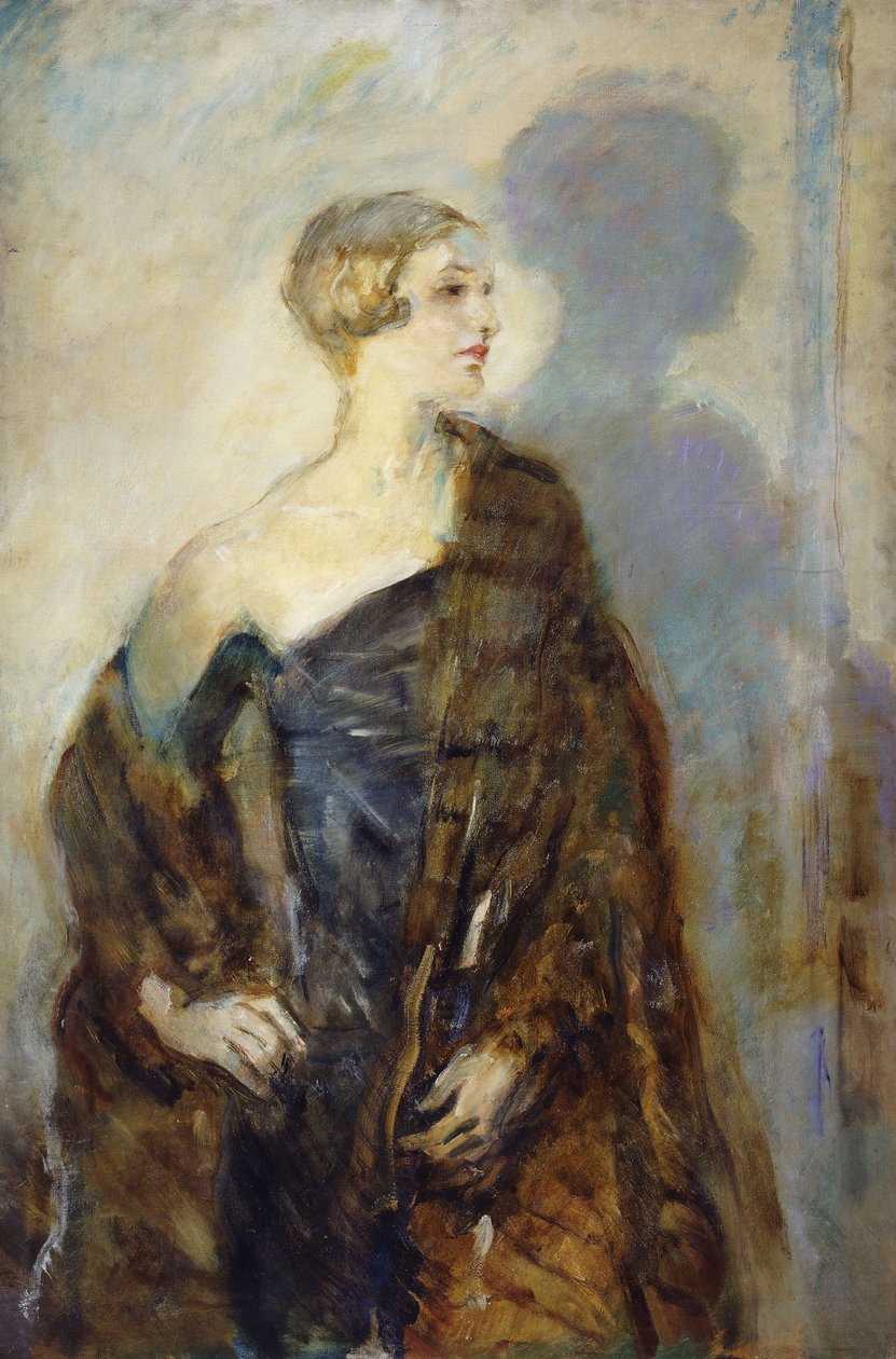 Portræt af Lady Abdy, trekvart længde, iført en pelssvøb, af Ambrose McEvoy