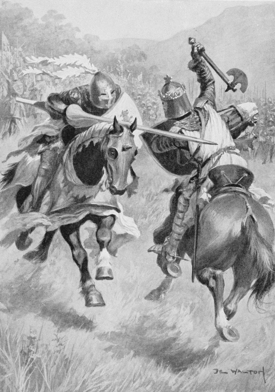 Mødet mellem Robert Bruce (1274-1329) og Sir Henry de Bohun (1276-1322) illustration fra British Battles on Land and Sea redigeret af Sir Evelyn Wood (1838-1919) først udgivet 1915 (farve litho) af Ambrose de Walton