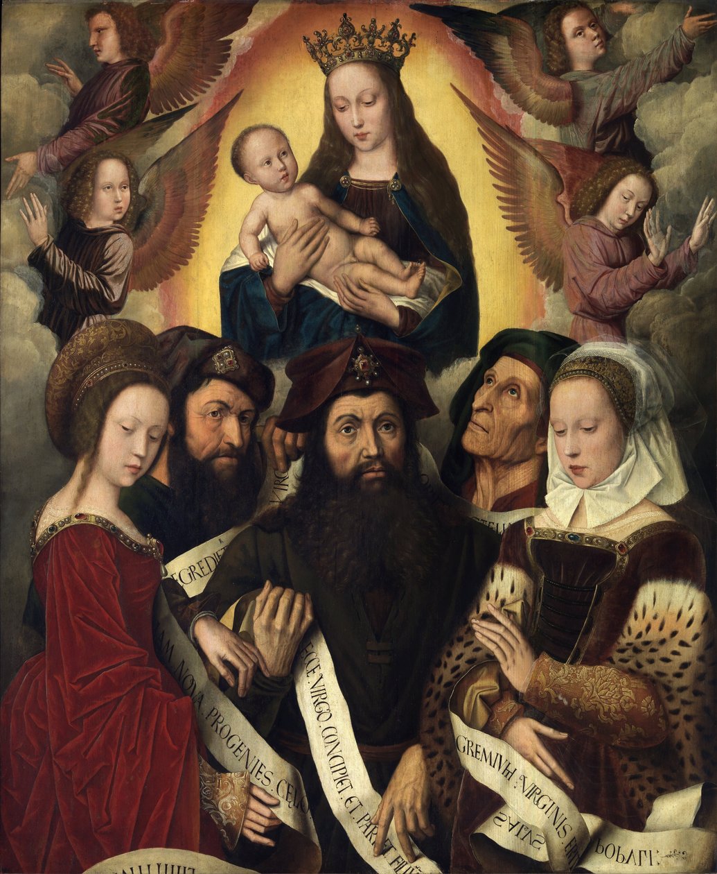 Hollandsk: Maria med barn omgivet af engle, profeter og sibyller Deipara Virgo af Ambrosius Benson