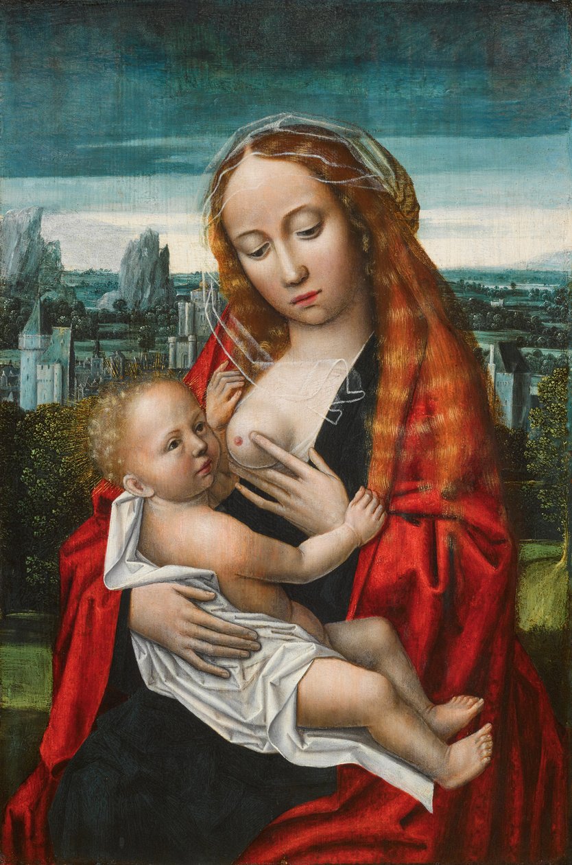 Hollandsk: Maria og barn sidder foran et landskab Jomfruen og barnet af Ambrosius Benson