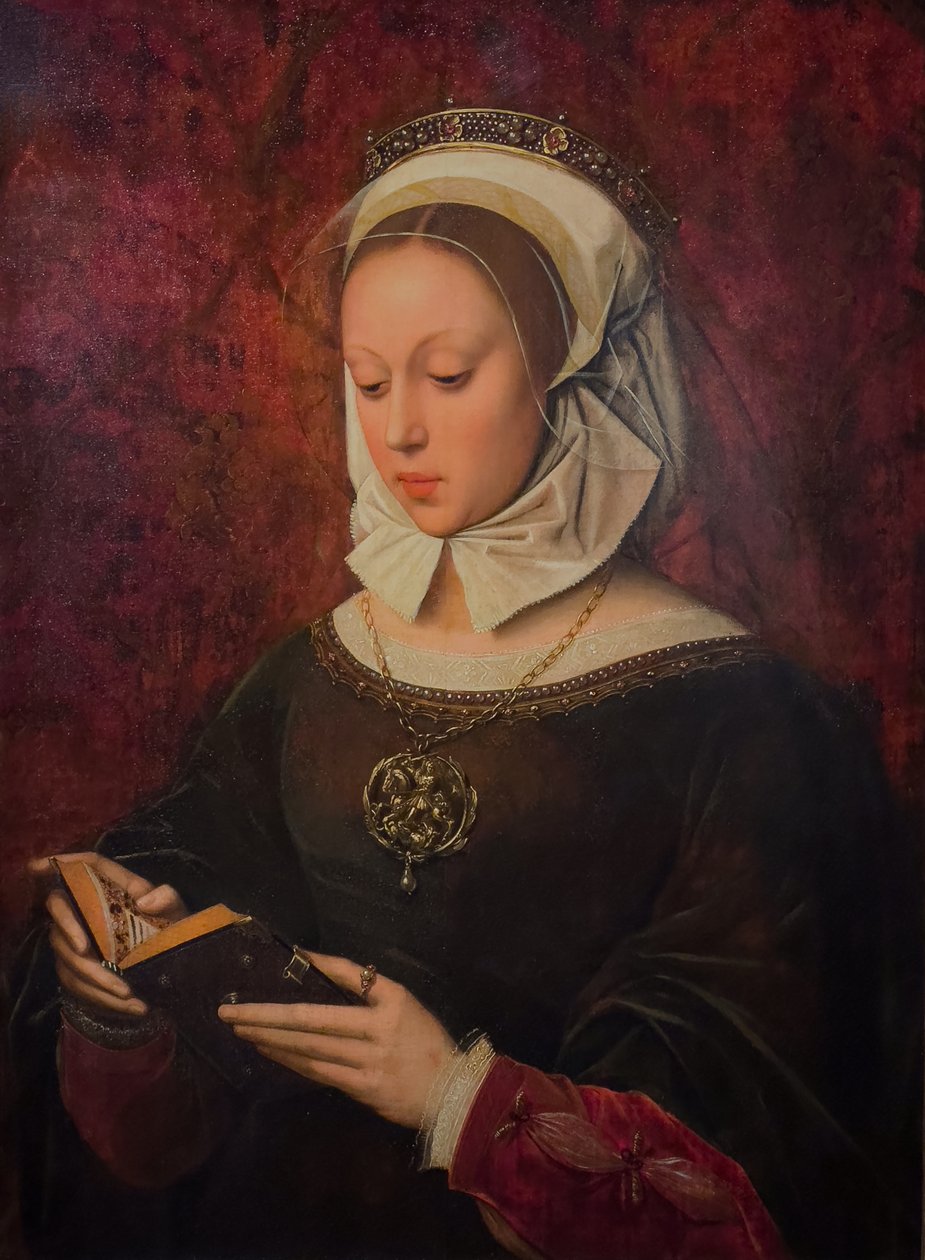 Ung kvinde i bøn, læser i en tidebog, ca. 1520-1530 (Olie på træ) af Ambrosius Benson