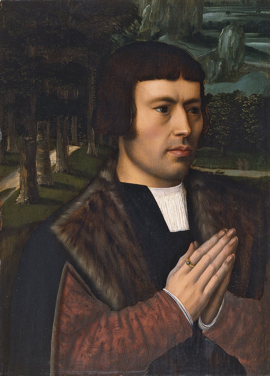 Portræt af en mand, der beder af Ambrosius Benson