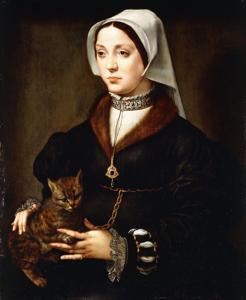 Portræt af en dame, trekvart lang, iført mørkt kostume, holder en kat af Ambrosius Benson