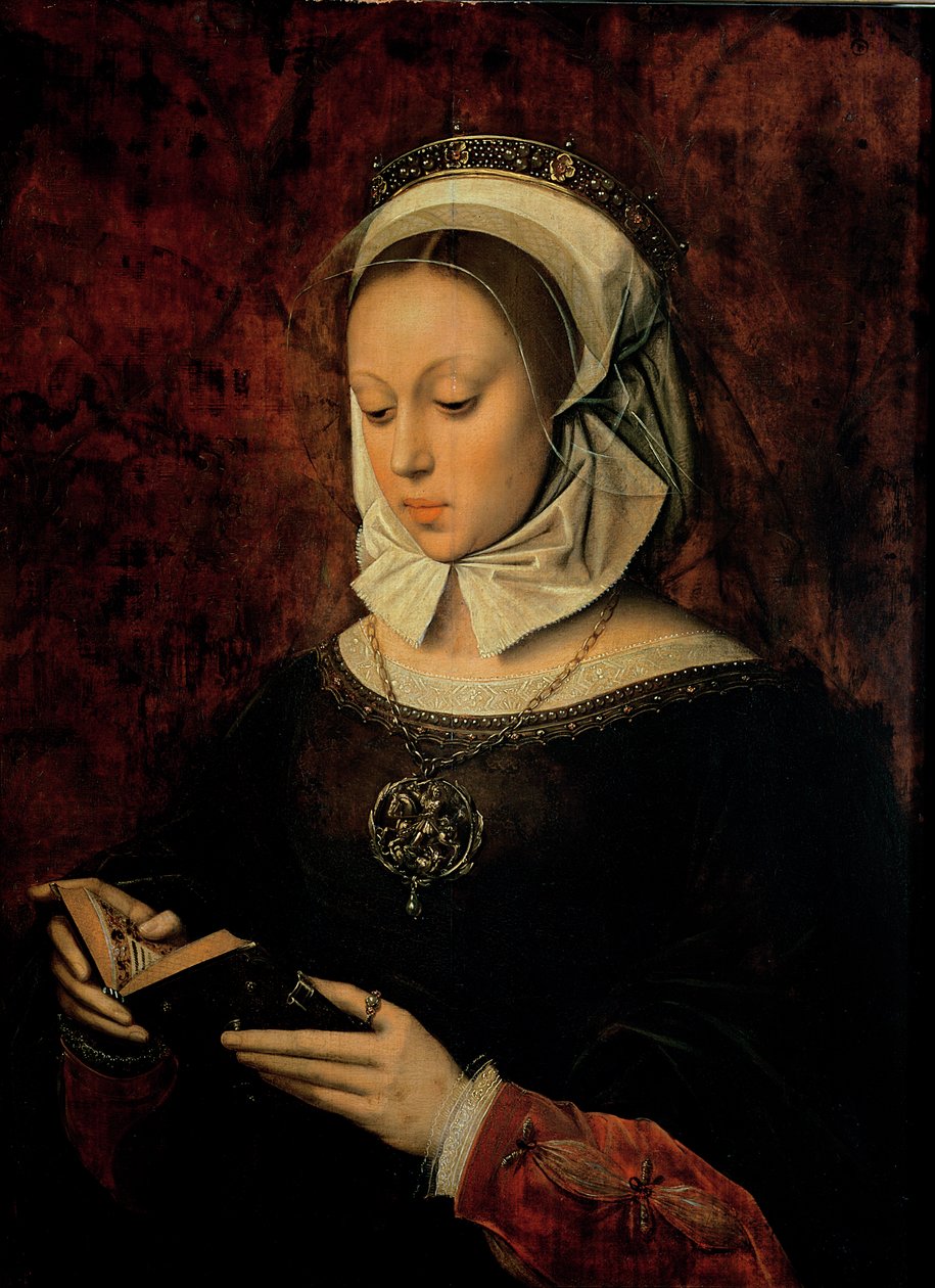Ung kvinde læser en timebog af Ambrosius Benson