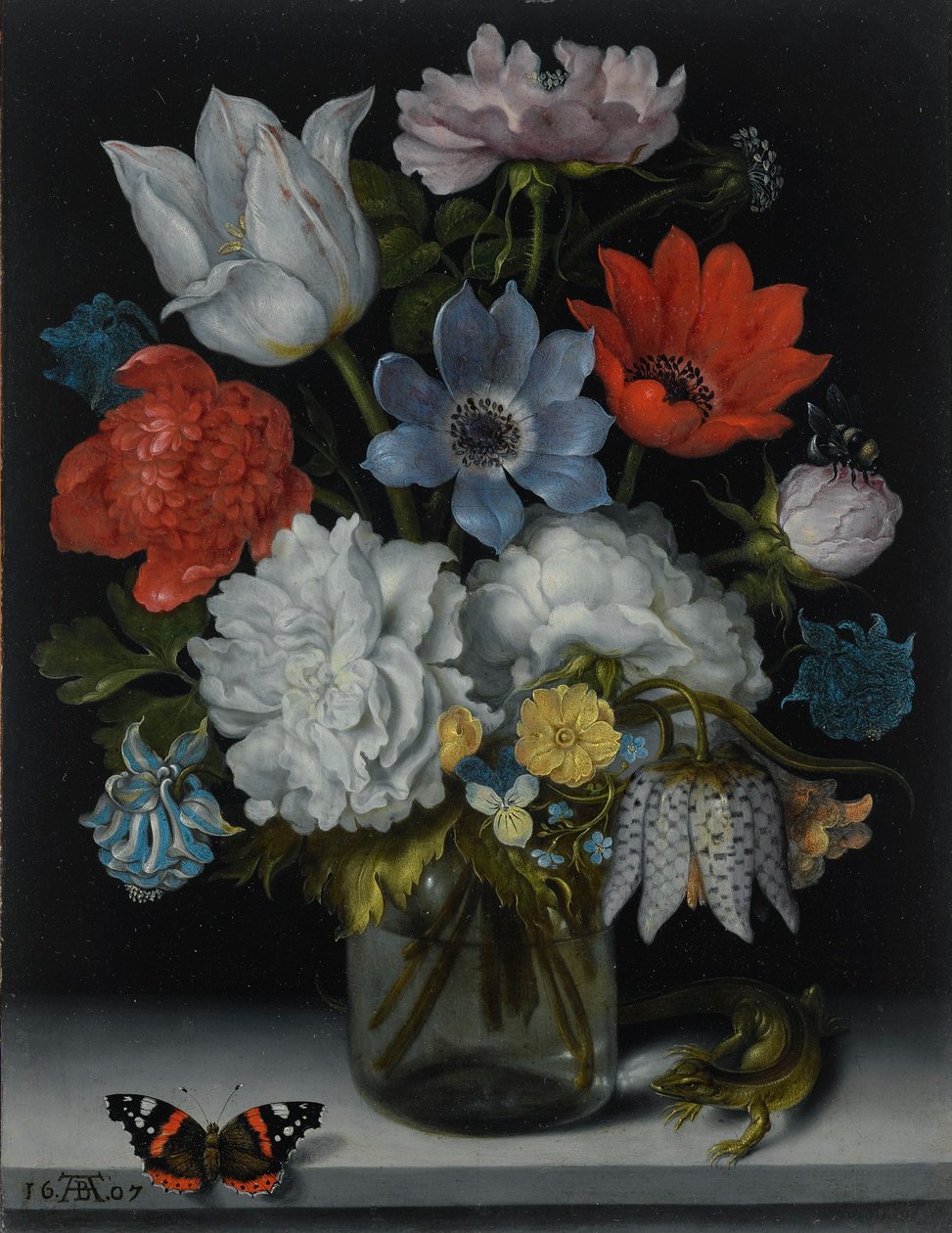 Hollandsk: Blomster i en glaskolbe på en marmorkant, flankeret af en rød admiralsommerfugl og et firben Et stilleben med blomster i en glaskolbe på en marmorkant, flankeret af en rød admiralsommerfugl og et firben af Ambrosius Bosschaert