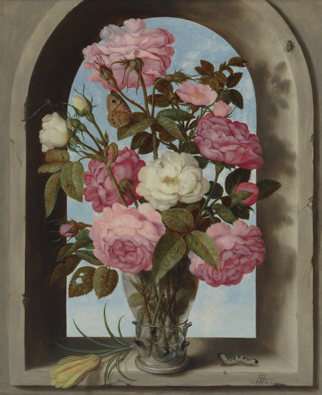 Hollandsk: Roser i en Roemer, placeret i et vindue med en krokus og en larve Stilleben med roser i en glasvase af Ambrosius Bosschaert