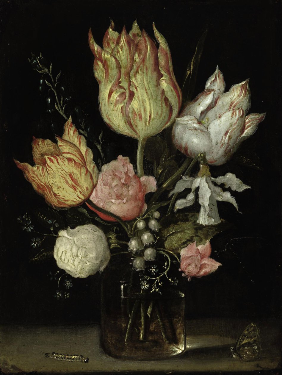Stilleben med blomster i en glasvase og en larve og en sommerfugl af Ambrosius Bosschaert