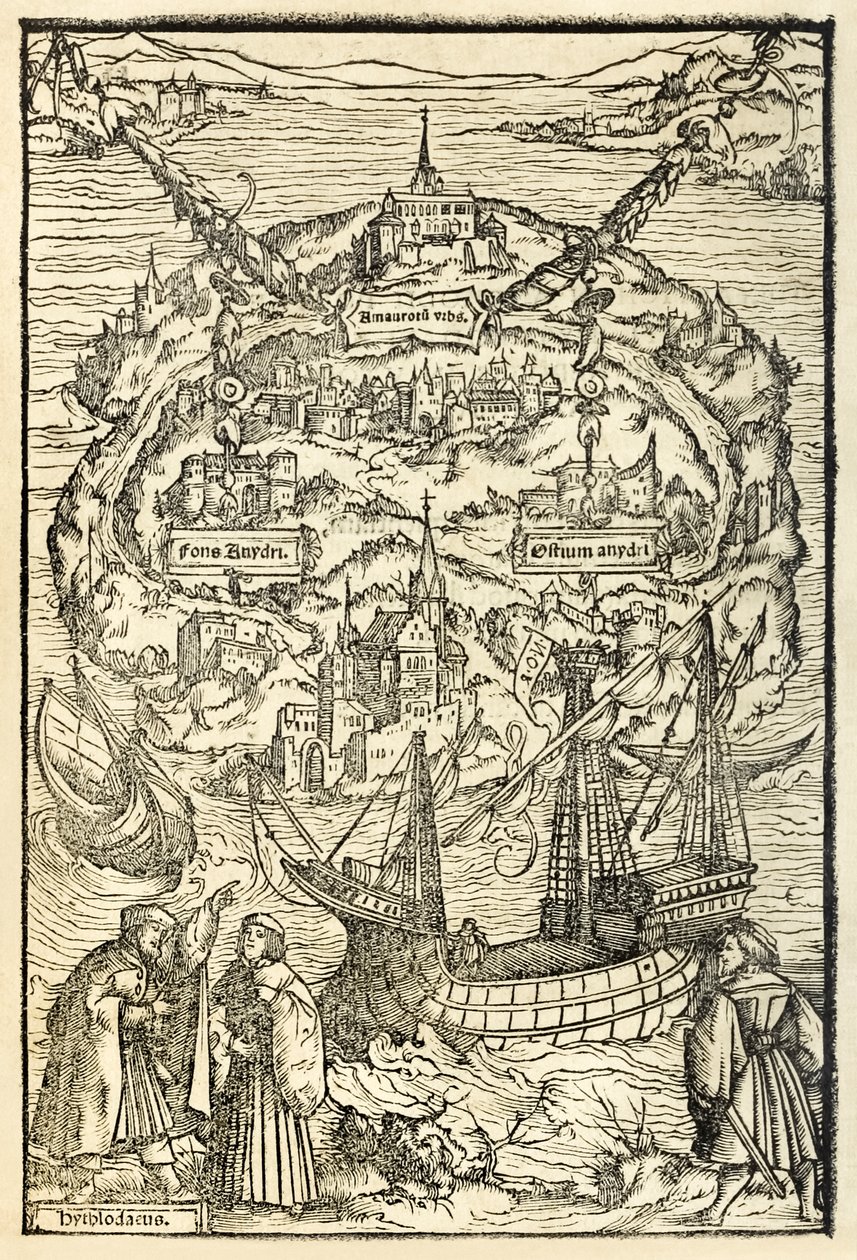 Kort over den nye ø Utopia fra en 1518-udgave af Utopia af Sir Thomas More (1478-1535), første gang udgivet i 1516. Træsnit af Ambrosius Holbein (ca. 1494-c. 1519), der viser øen med hovedpersoner af Ambrosius Holbein