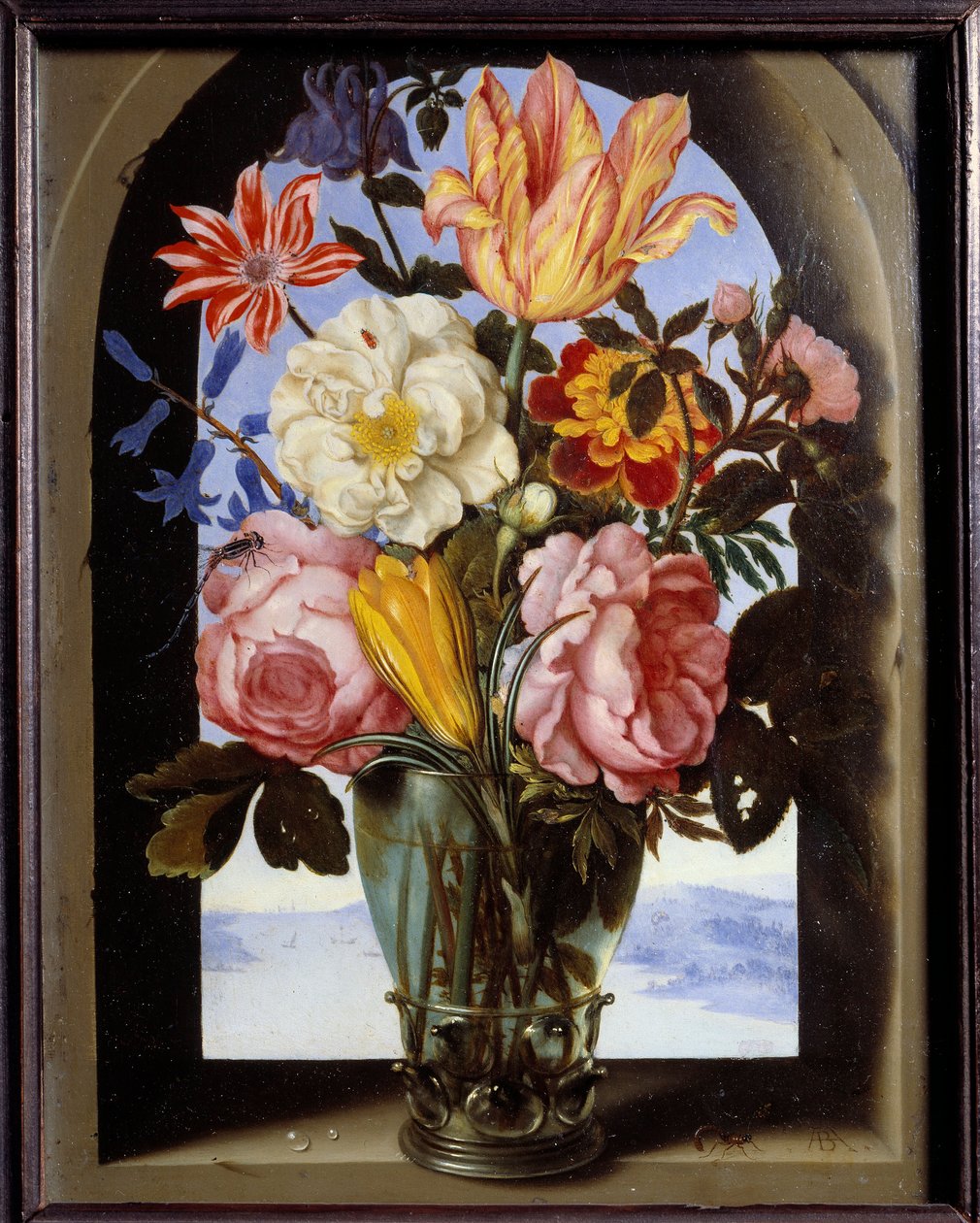 Buket blomster i en stenramme, der åbner ud til et landskab Maleri af Ambrosius Bosschaert (1573-1621) af Ambrosius the Elder Bosschaert