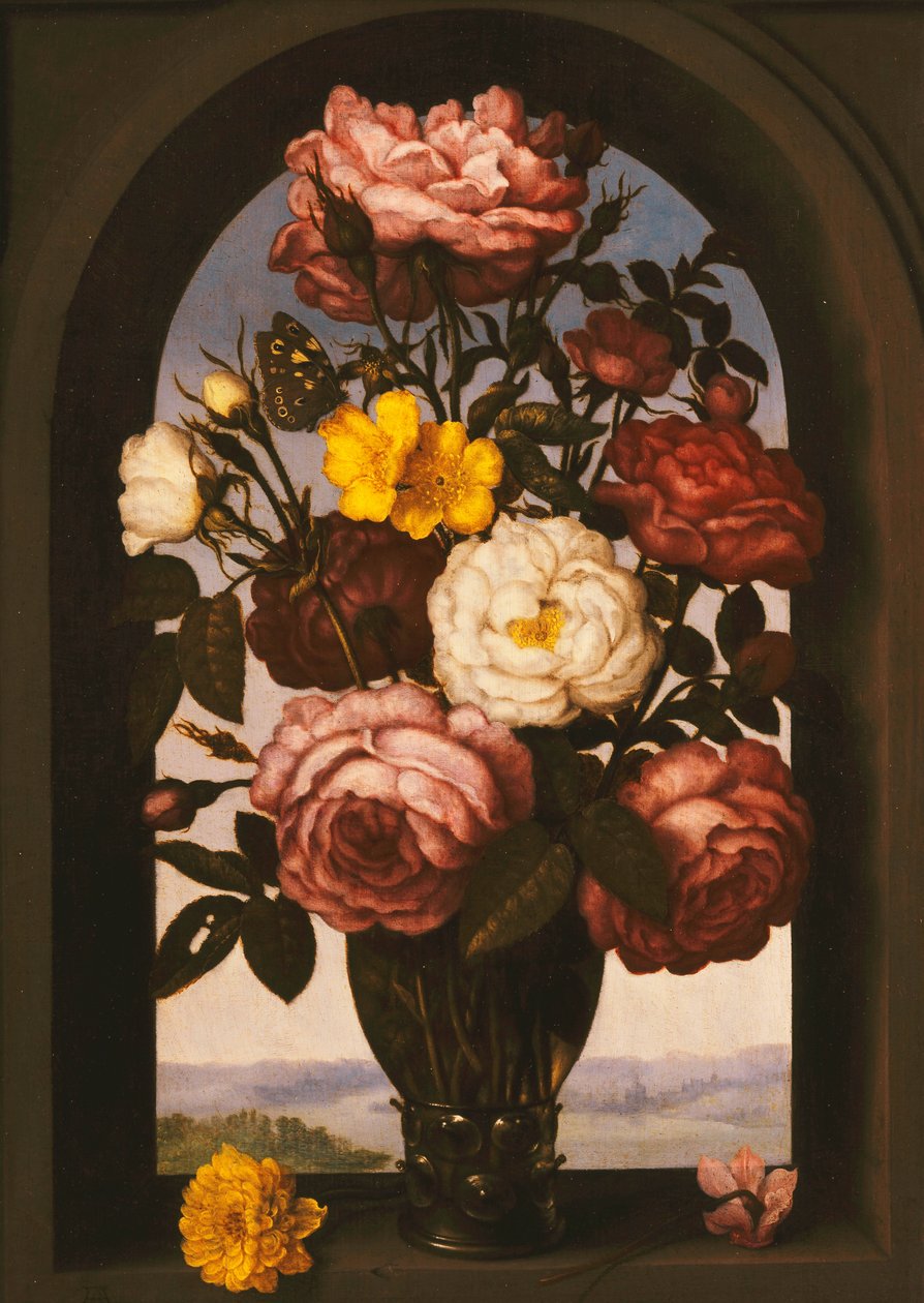 Roser i en Roemer med en turban-smørblomst og et sobrød i en kasse, et flodlandskab hinsides, af Ambrosius the Elder Bosschaert