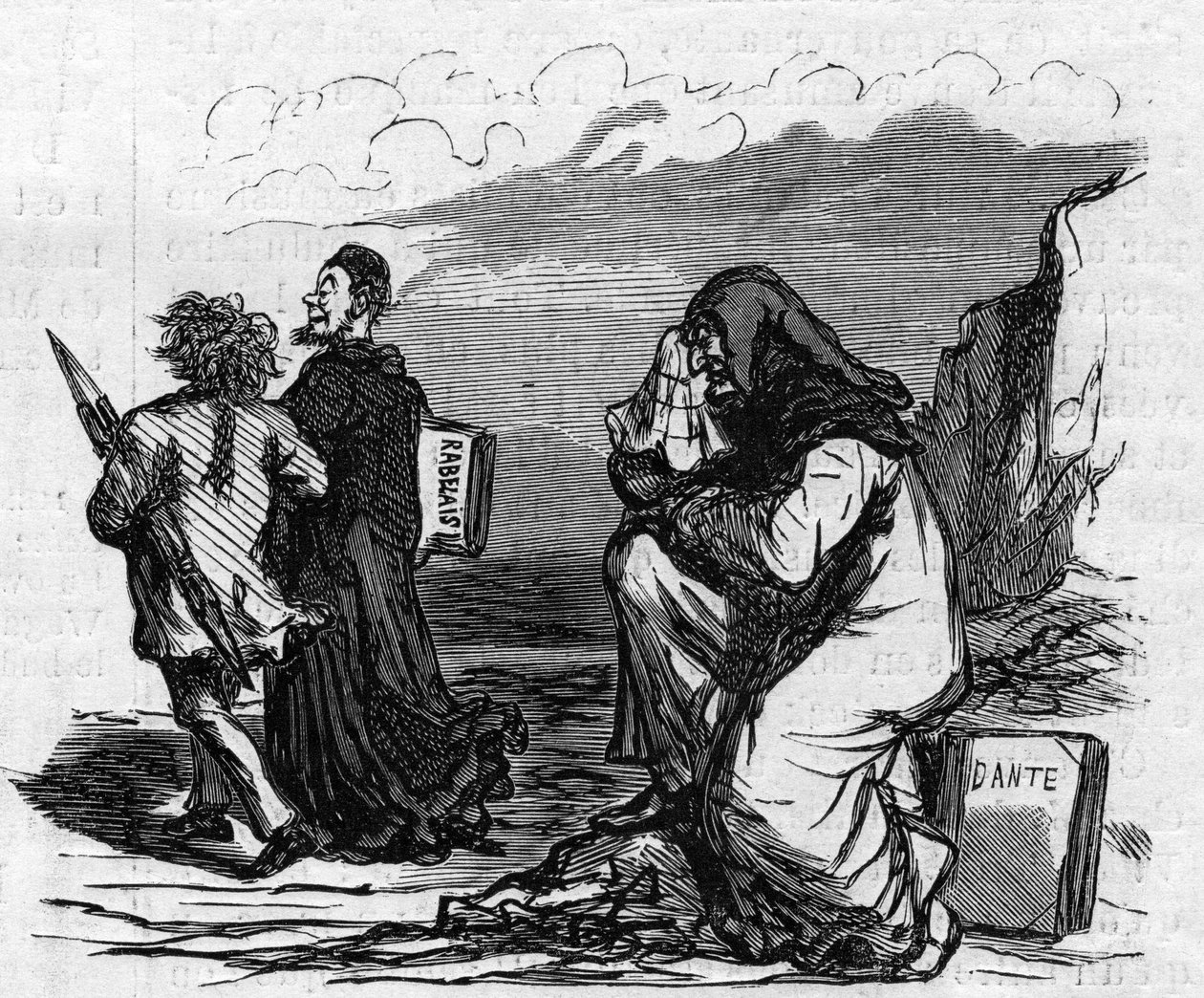 Stakkels Dante begynder at græde, da han ser Gustave Dore arm-og-arm-og-arm-ned med den lille Rabelais-mand. Tegnefilm af Cham. Indgravering i "" Le Monde Illustré"" nr. 821 af 4. januar af Amédée de Noé