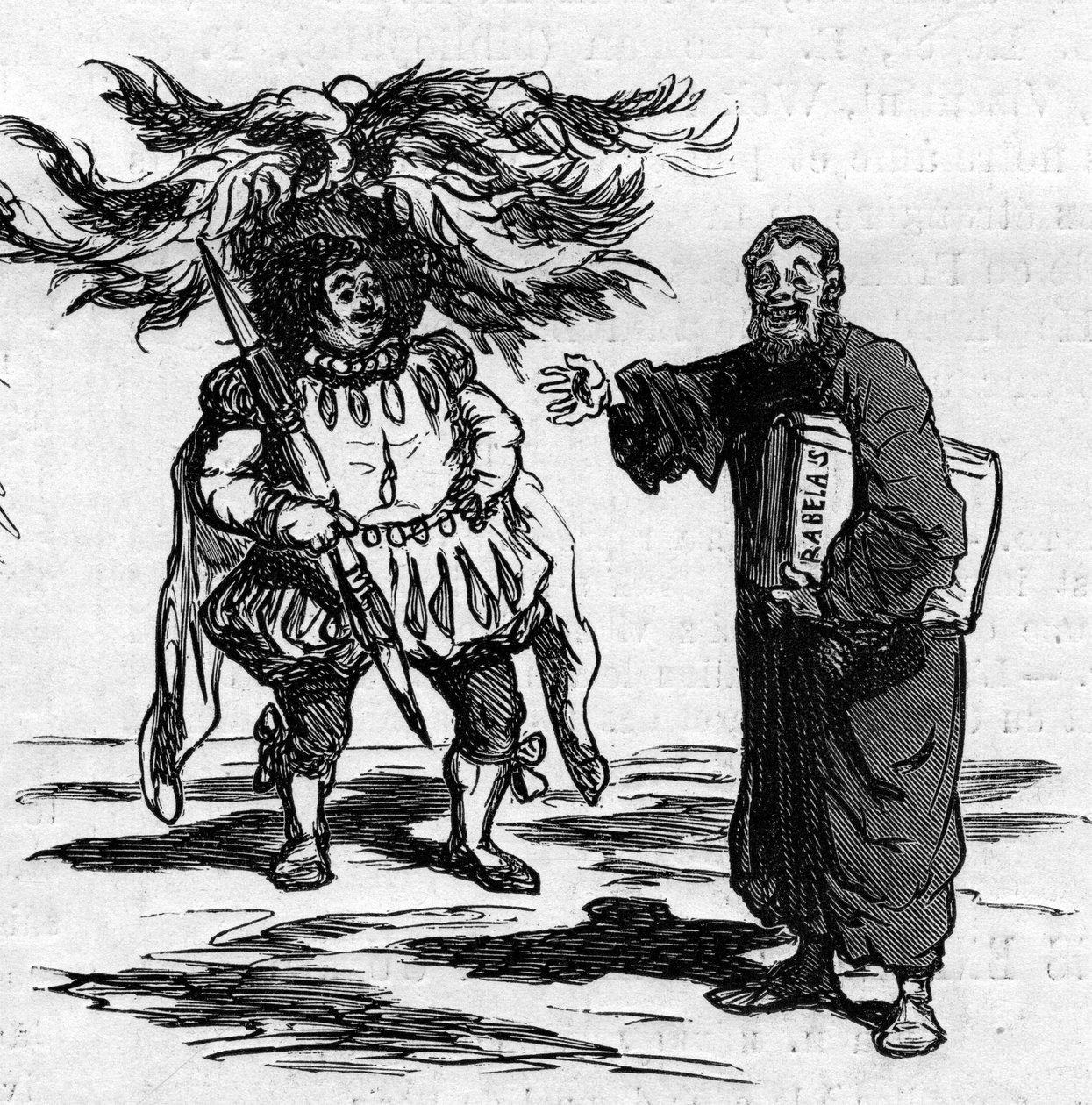 Glæden ved at Rabelais ser Gustave Dore identificerer sig fuldt ud med mændene i hans forfatterskab. Tegnefilm af Cham. Indgravering i "" Le Monde Illustré"" nr. 821 af 4. januar af Amédée de Noé