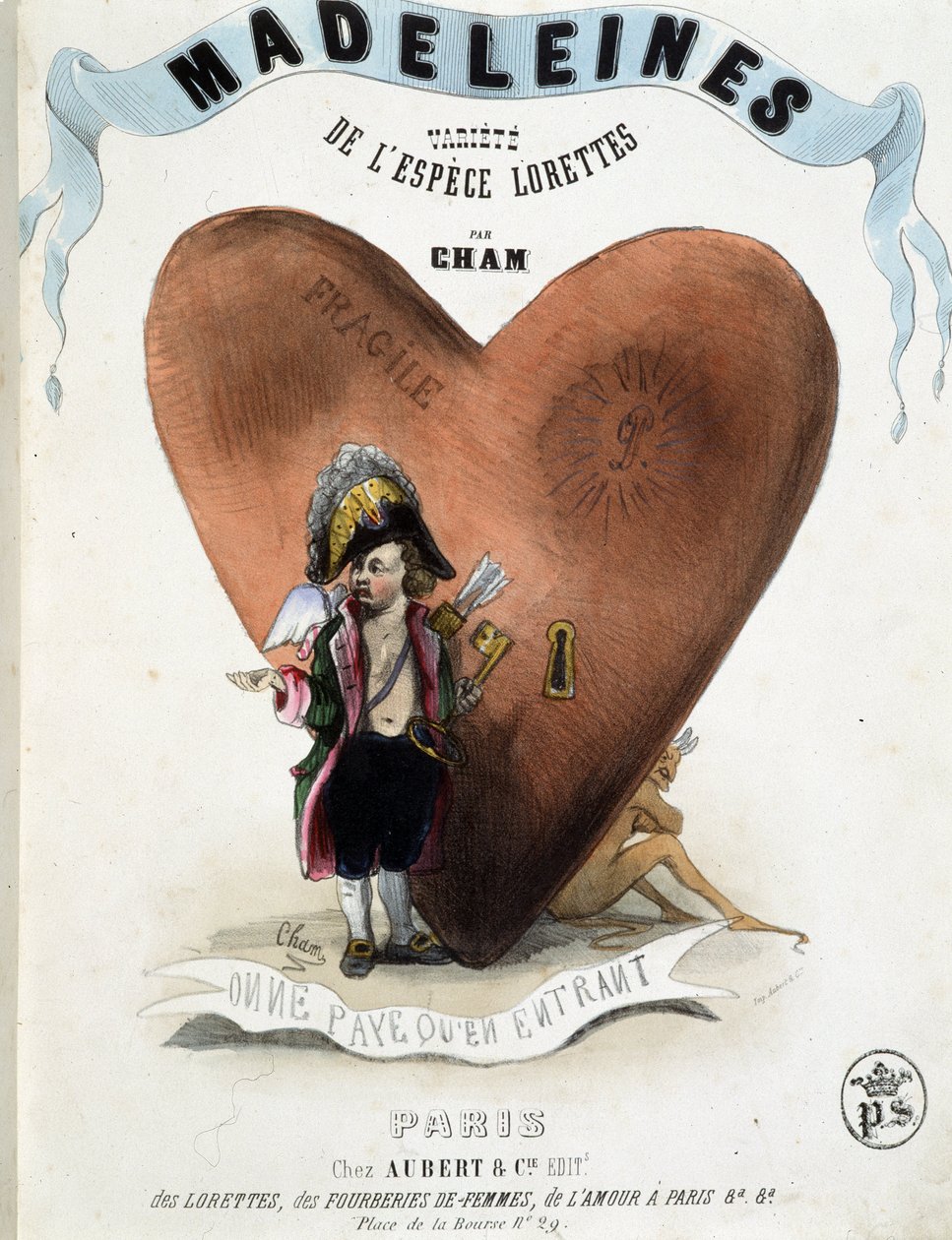 Man betaler kun, når man går ind (karikatur af Amor (Eros) før et hjerte skjuler en djævel) - i "" Madeleines"" af Cham, v.1870-1880 af Amédée de Noé