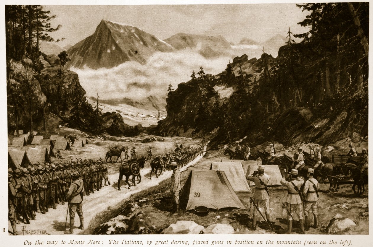 På vej til Monte Nero: Italienerne anbragte med stor vovet kanoner på bjerget, 1914-19 af Amedee Forestier