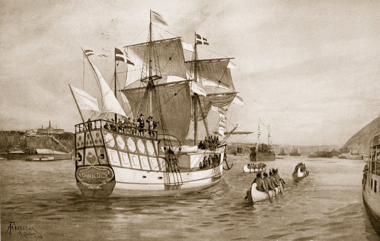 The Quebec Celebrations, 1908: Champlains skib nærmer sig byen af Amedee Forestier