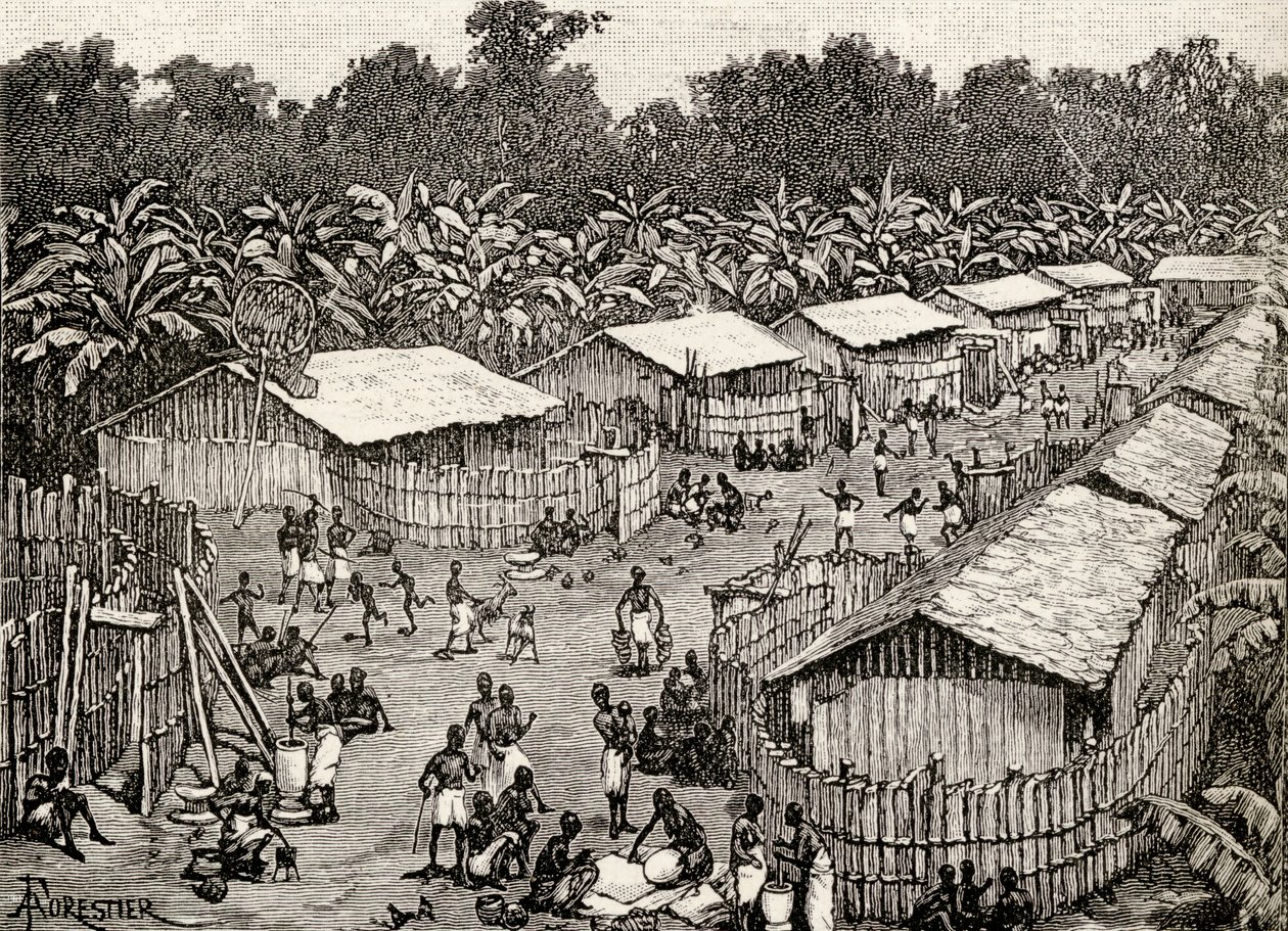 Udsigt over landsbyen Utiri, Tanzania, 1890 (trægravering) af Amedee Forestier