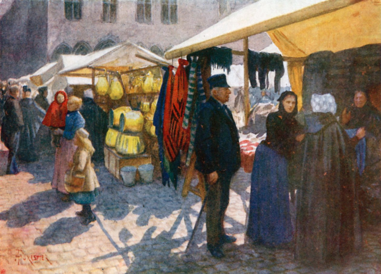 Et hjørne af markedet på Grande Place, Brugge (farvelitografi) af Amedee (after) Forestier