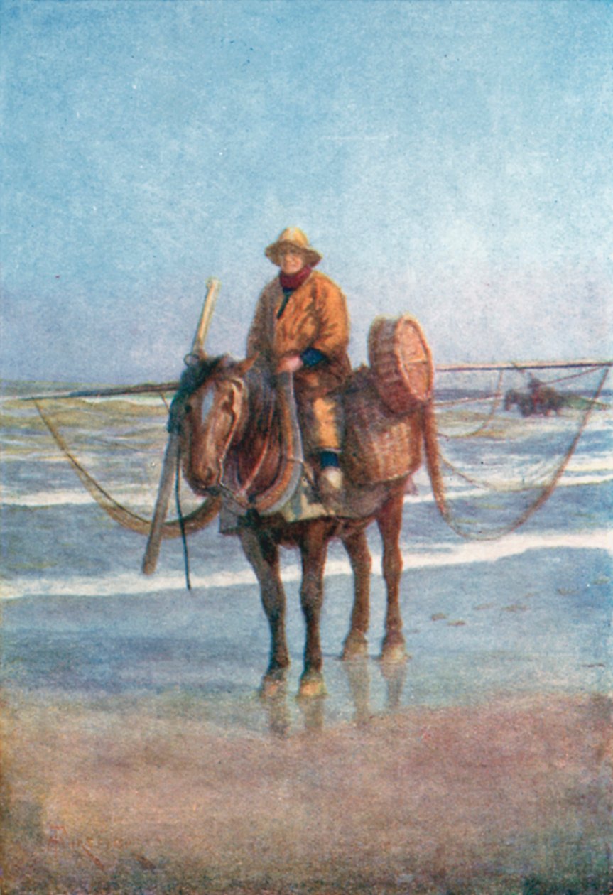 A Shrimper on Horseback, Coxyde (farvelitografi) af Amedee (after) Forestier