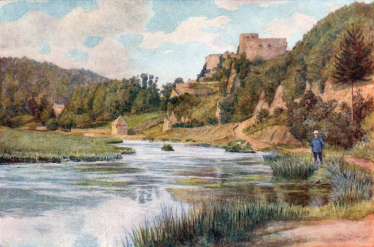 Chateau de Bouillon i Semois-dalen (farvelitografi) af Amedee (after) Forestier