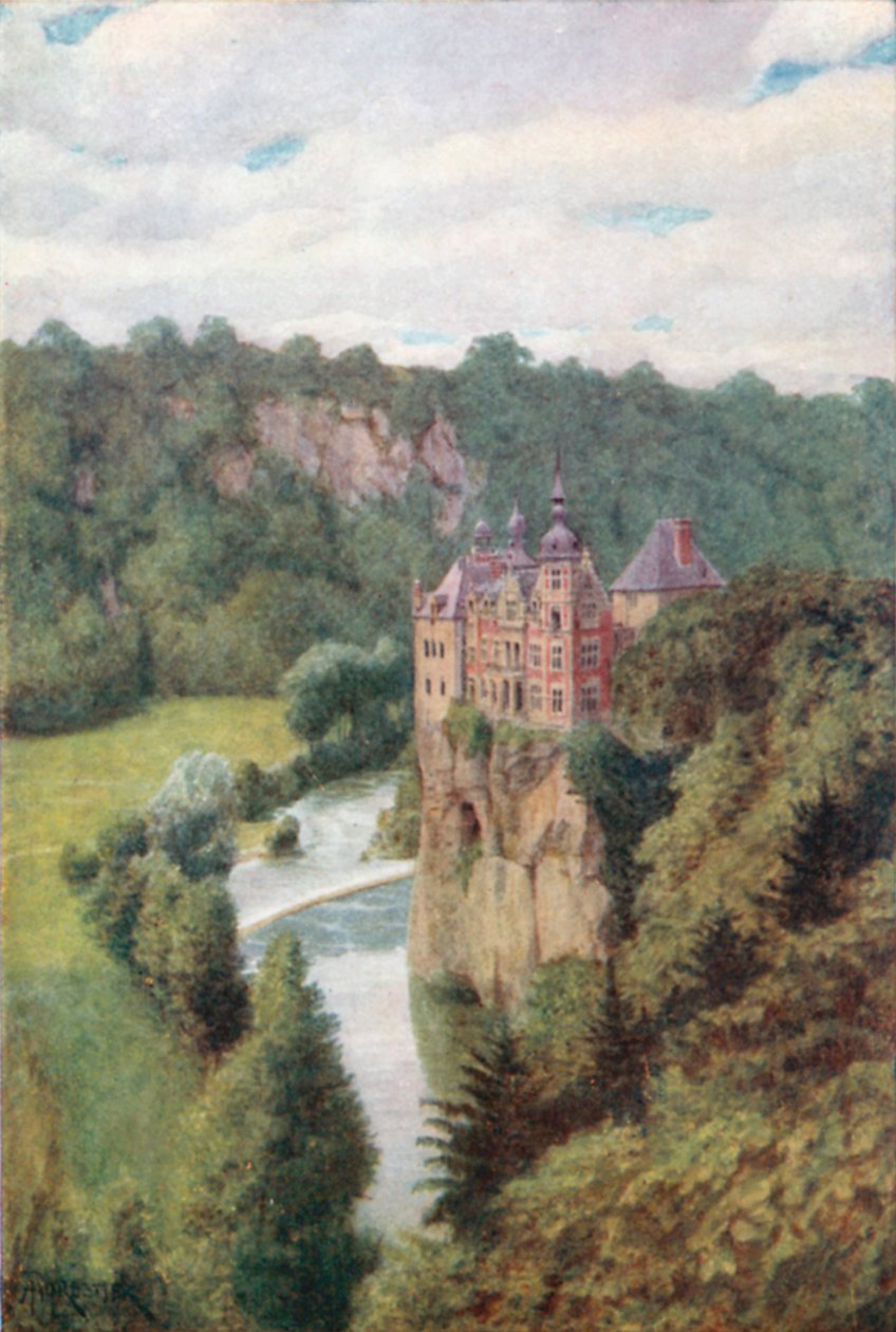 Chateau de Walzin, i Lesse-dalen (farvelitografi) af Amedee (after) Forestier