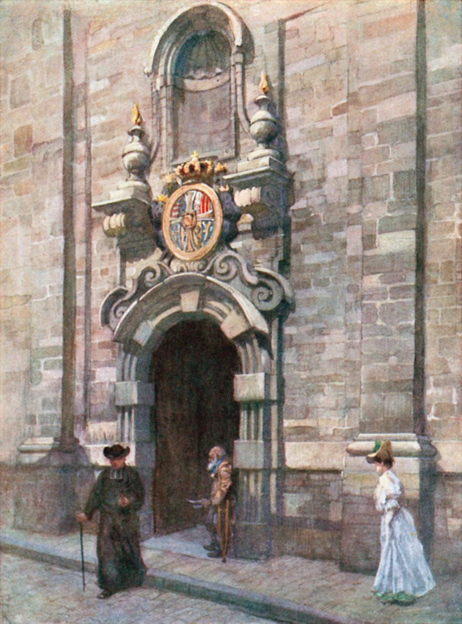 Indgang til den gamle karmeliterkirke i Bruxelles (farvelitografi) af Amedee (after) Forestier