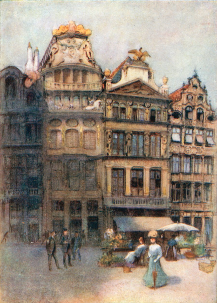 Gammelt hus på Grande Place, Bruxelles (farvelitografi) af Amedee (after) Forestier