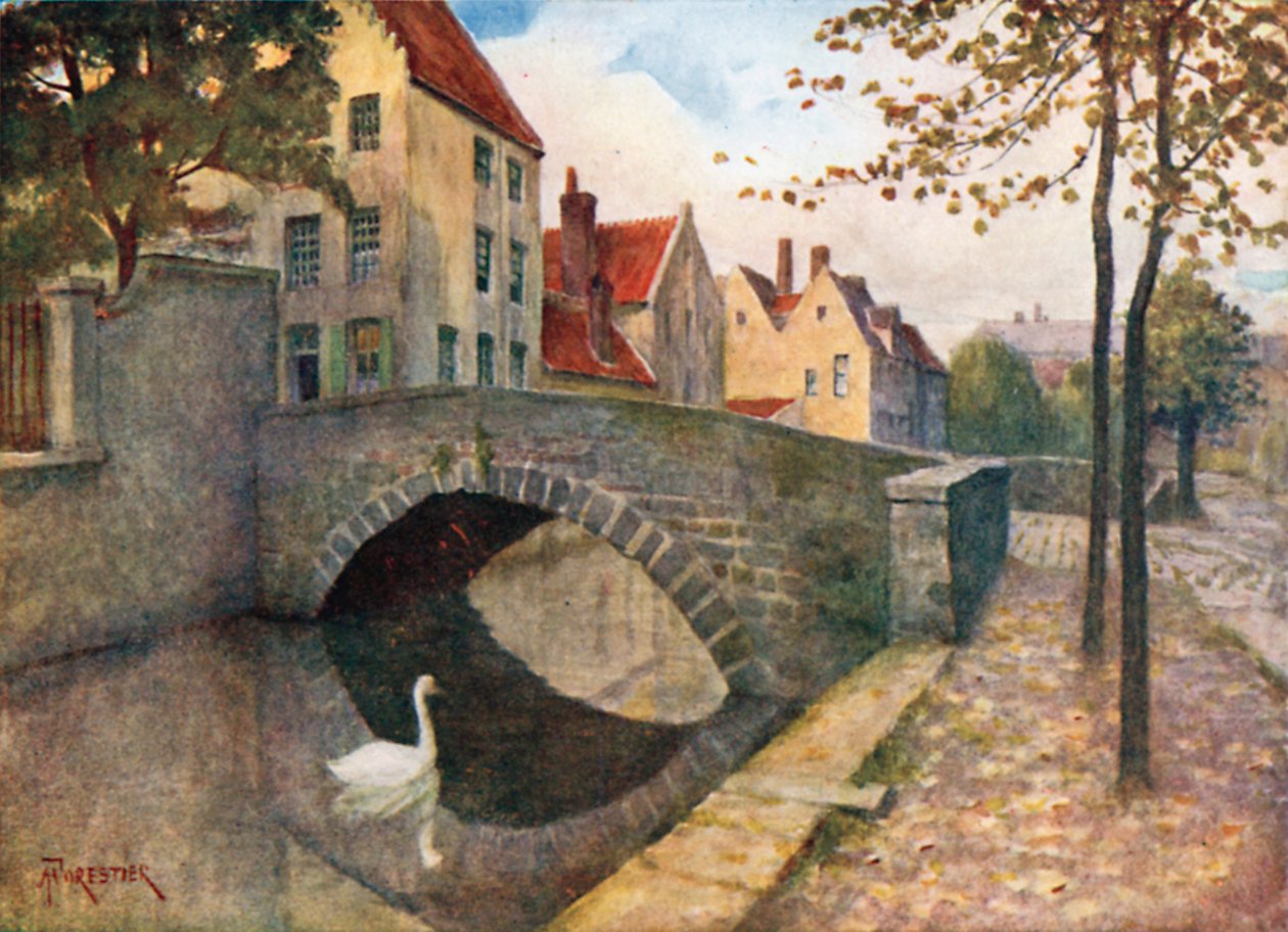 Quai des Marbriers, Brügge (farvelitografi) af Amedee (after) Forestier