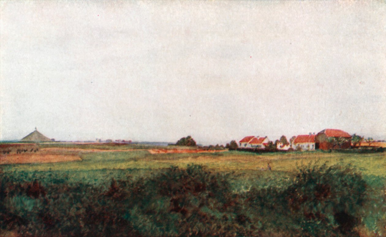 La Belle Alliance-gården og højen med den belgiske løve, Waterloo (farvelitografi) af Amedee (after) Forestier