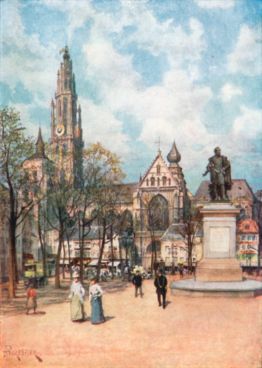 Place Verte, Antwerpen (farvelitografi) af Amedee (after) Forestier