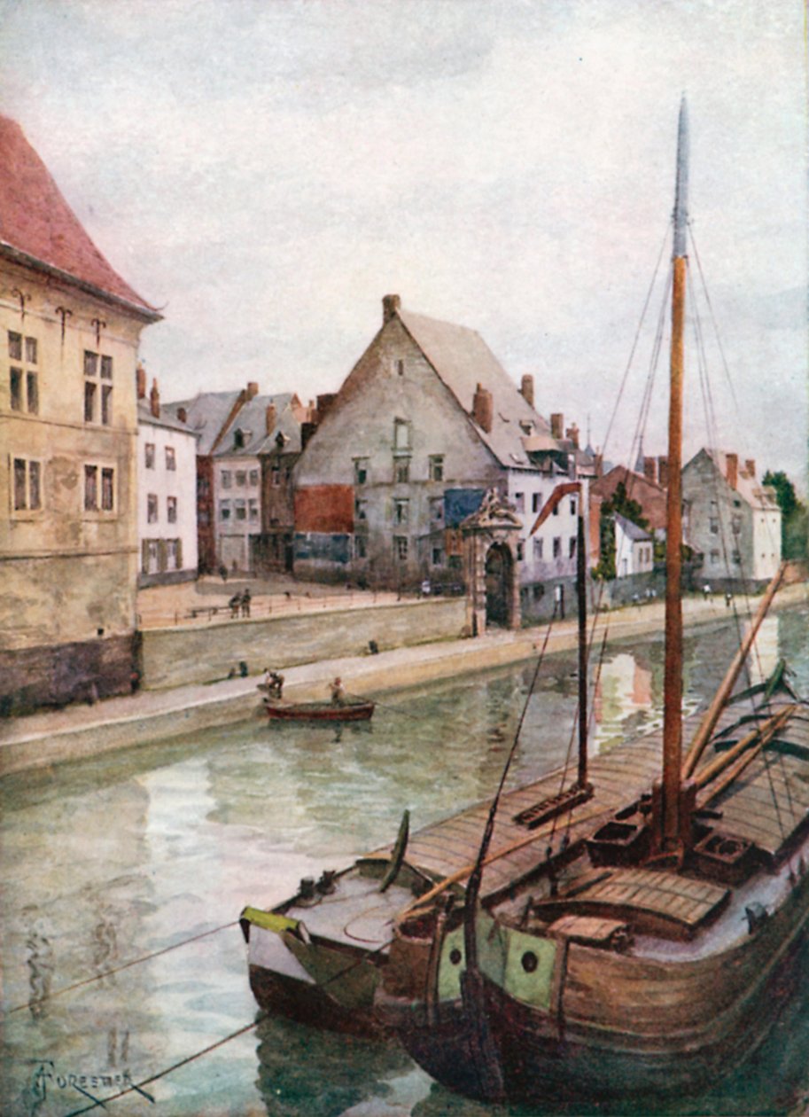 Floden Sambre set fra Pont de Sambre, Namur (farvelitografi) af Amedee (after) Forestier