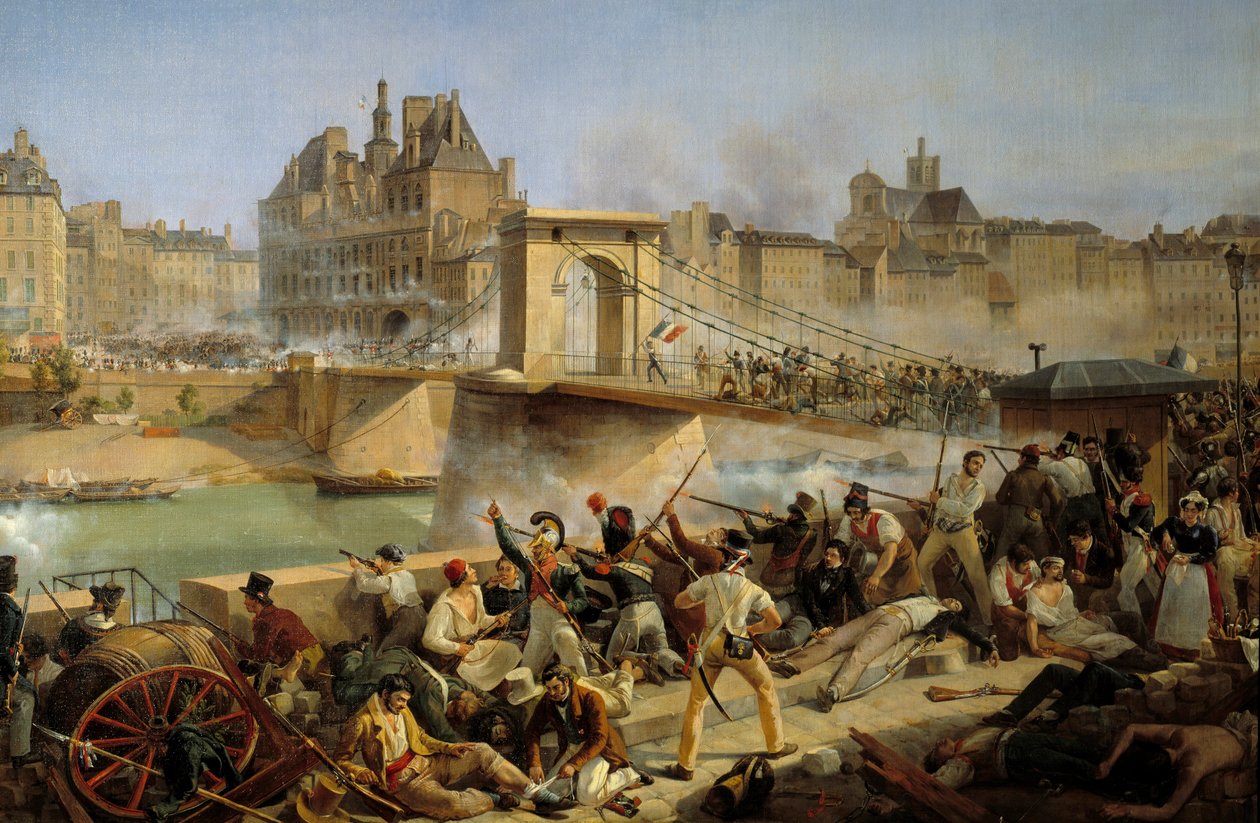 Revolutionen i 1830, dag i juli: angreb på hotel de Ville de Paris og kamp på broen i Arcole, 28. juli 1830 (olie på lærred) af Amédée Bourgeois