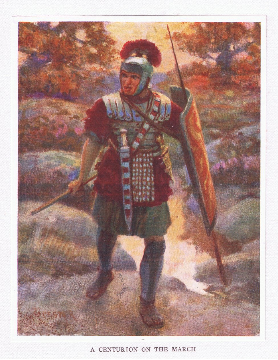 En centurion på march, illustration fra The Roman Soldier, 1928 af Amedee Forestier