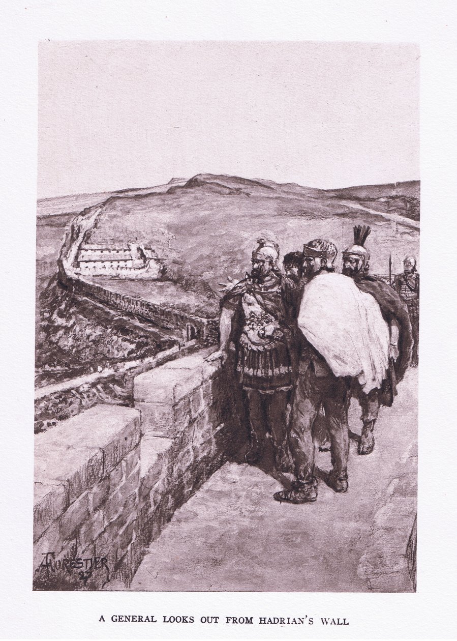 En general ser ud over Hadrians mur, illustration fra The Roman Soldier, 1928 af Amedee Forestier