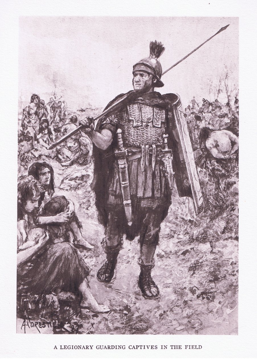 En legionær, der bevogter fanger på en mark, illustration fra The Roman Soldier, 1928 af Amedee Forestier