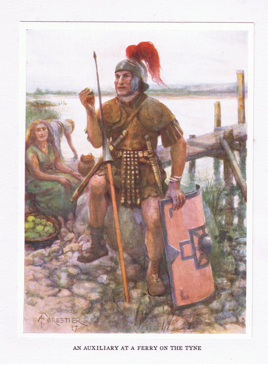 En medhjælper ved en færge på Tyne, illustration fra The Roman Soldier, 1928 af Amedee Forestier