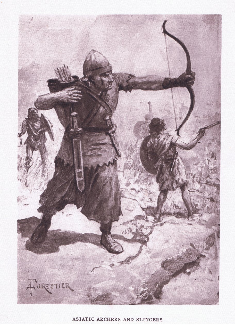 Asiatiske bueskytter og slinger, illustration fra The Roman Soldier, 1928 af Amedee Forestier