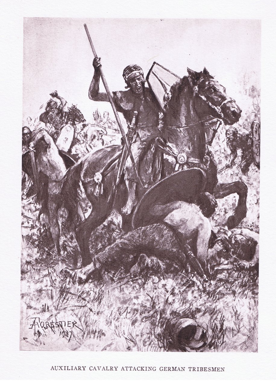 Hjælpekavaleri angriber tyske stammefolk, illustration fra The Roman Soldier, 1928 af Amedee Forestier