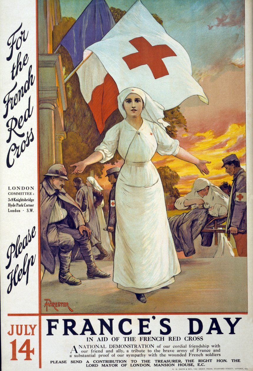 Opfordring til indsamling af penge til fordel for det franske Røde Kors på Frankrigs dag, den 14. juli, pub. London, ca. 1915 af Amedee Forestier
