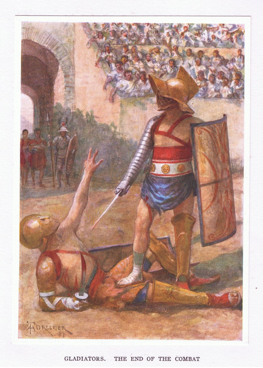 Gladiatorer, slutningen af kampen, illustration fra The Roman Soldier, 1928 af Amedee Forestier
