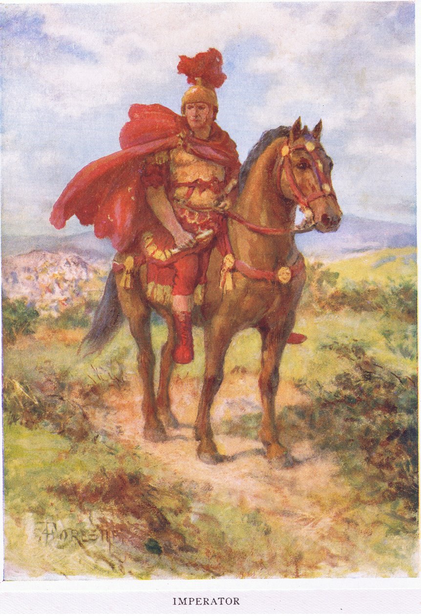 Imperator: oprindeligt var her, den sejrrige romerske general blev hilst af sine soldater i felten. Senere blev titlen forbeholdt kejsere, illustration fra The Roman Soldier, 1928 (colou af Amedee Forestier