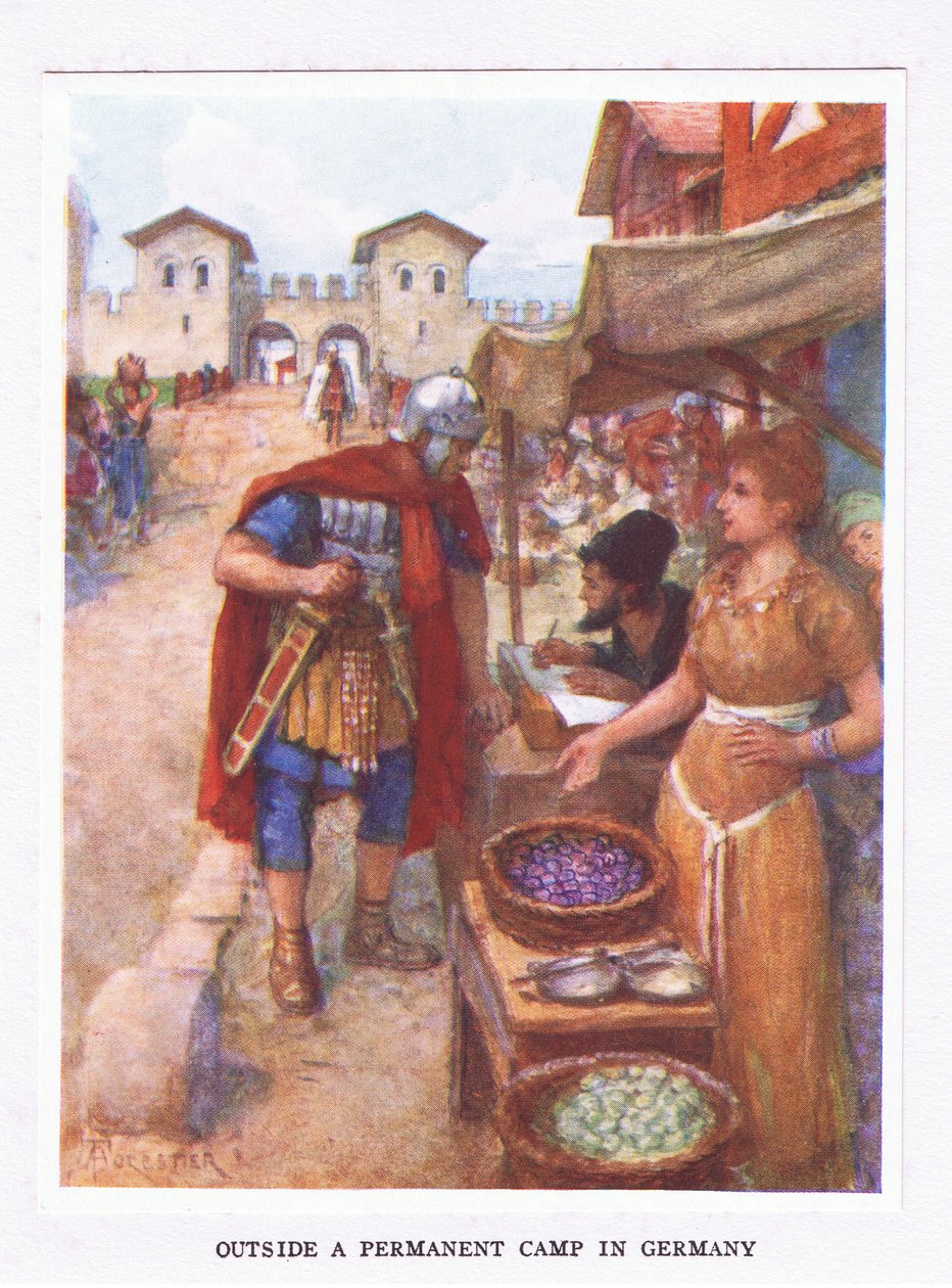 Uden for en permanent lejr i Tyskland, illustration fra Den romerske soldat, 1928 af Amedee Forestier