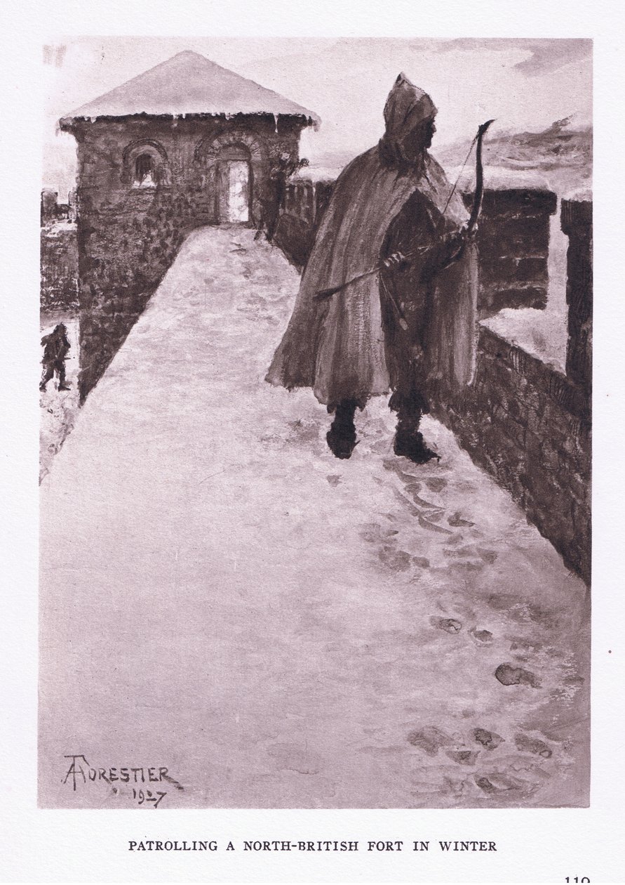 Patruljerer et nordbritisk fort om vinteren, illustration fra The Roman Soldier, 1928 af Amedee Forestier