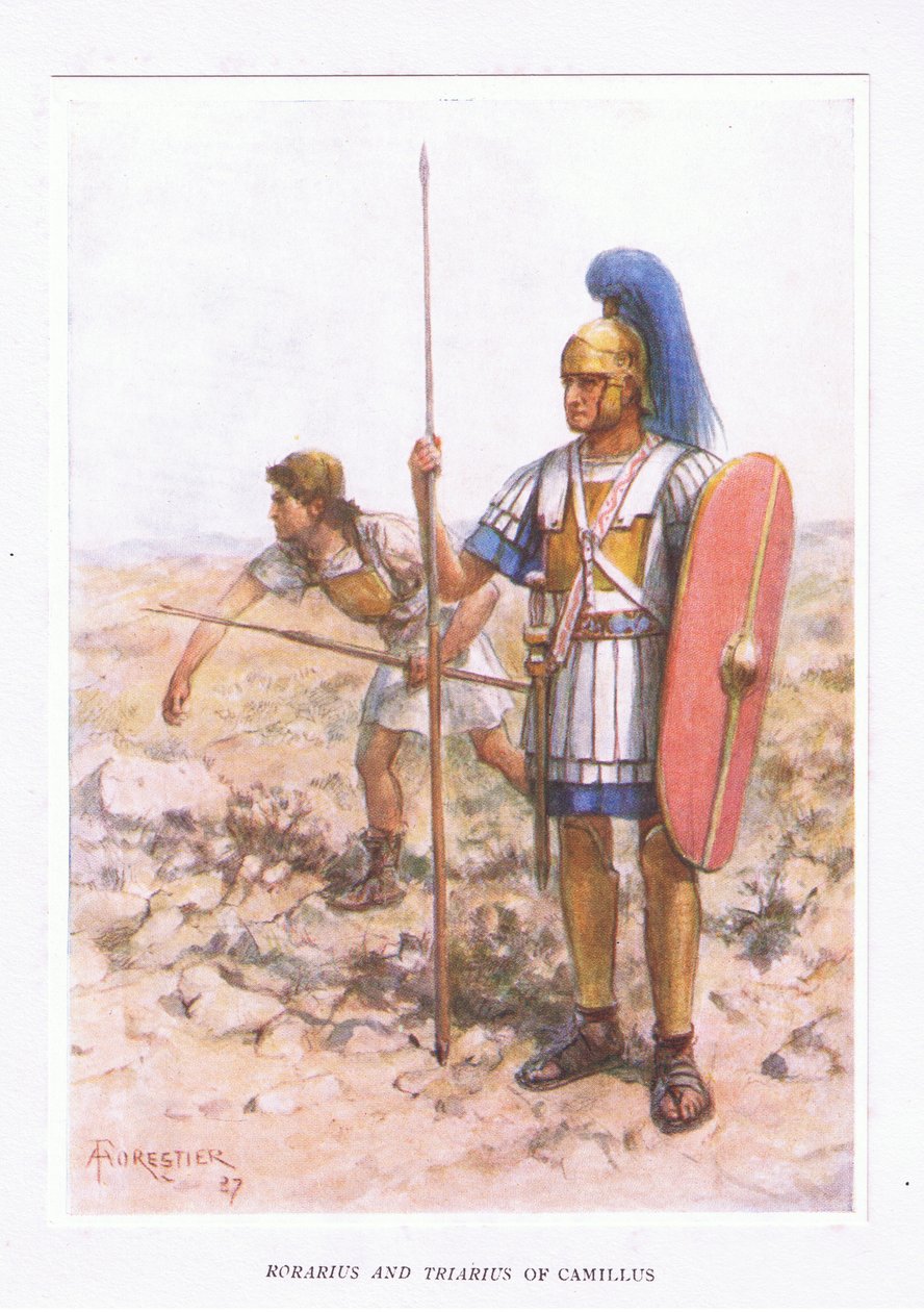 Rorarius og Triarius ved Camillus, illustration fra The Roman Soldier, 1928 af Amedee Forestier