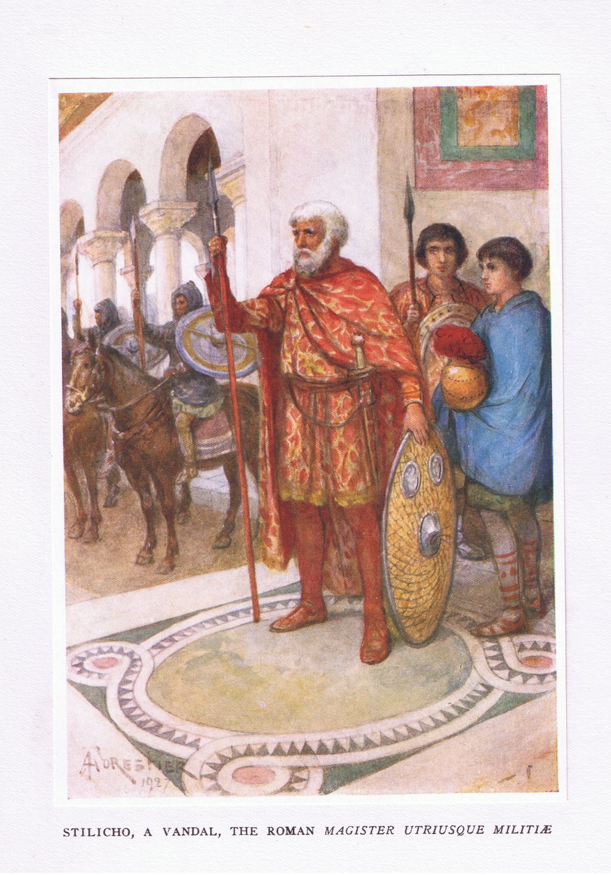 Stiliko, en vandal, The Roman Magister Utriusque Militiae, illustration fra The Roman Soldier, 1928 af Amedee Forestier