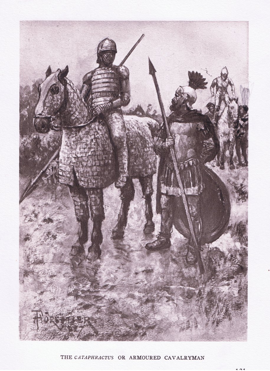 Cataphractus eller pansrede kavalerist, illustration fra The Roman Soldier, 1928 af Amedee Forestier