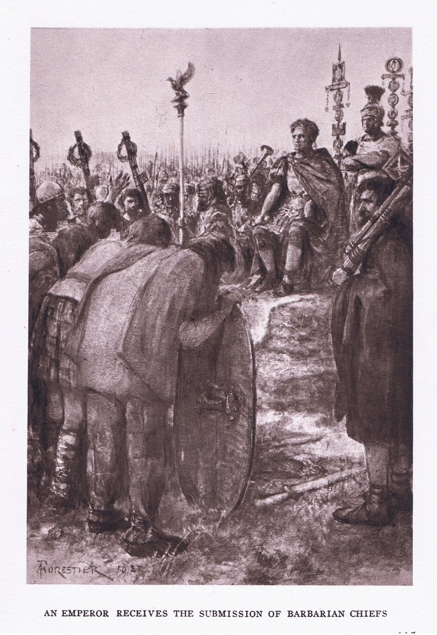 Kejseren modtager underkastelse af barbarhøvdinge, illustration fra den romerske soldat, 1928 af Amedee Forestier