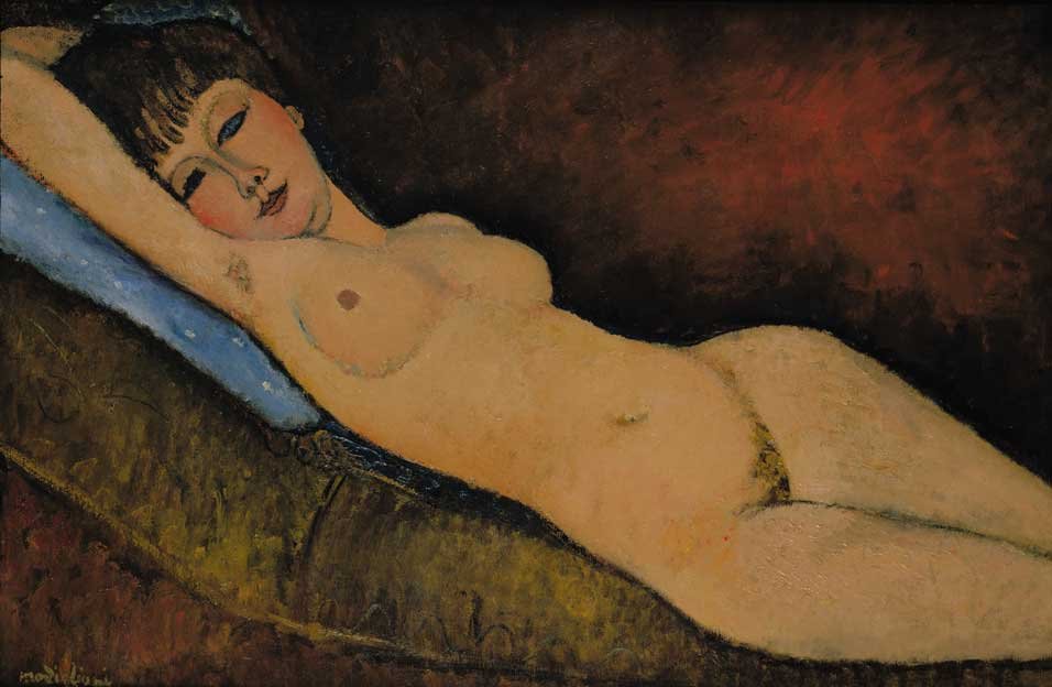 Naked ble med pude blå af Amedeo Modigliani