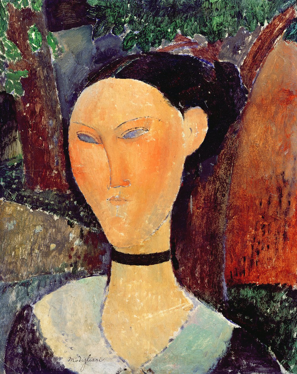 Kvinde med fløjlshalsbånd, ca. 1915 af Amedeo Modigliani